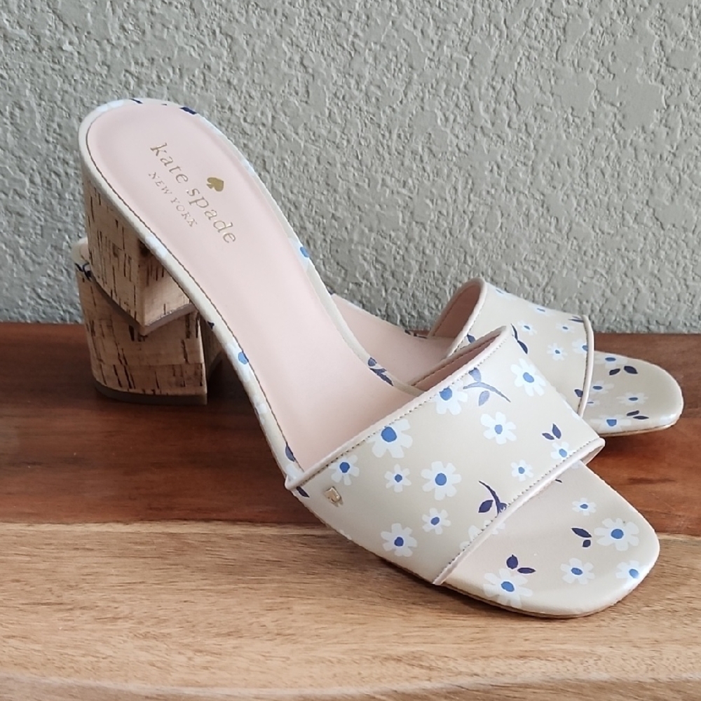 Kate Spade New York - Cream and Blue Floral Cork Block Heel Mules